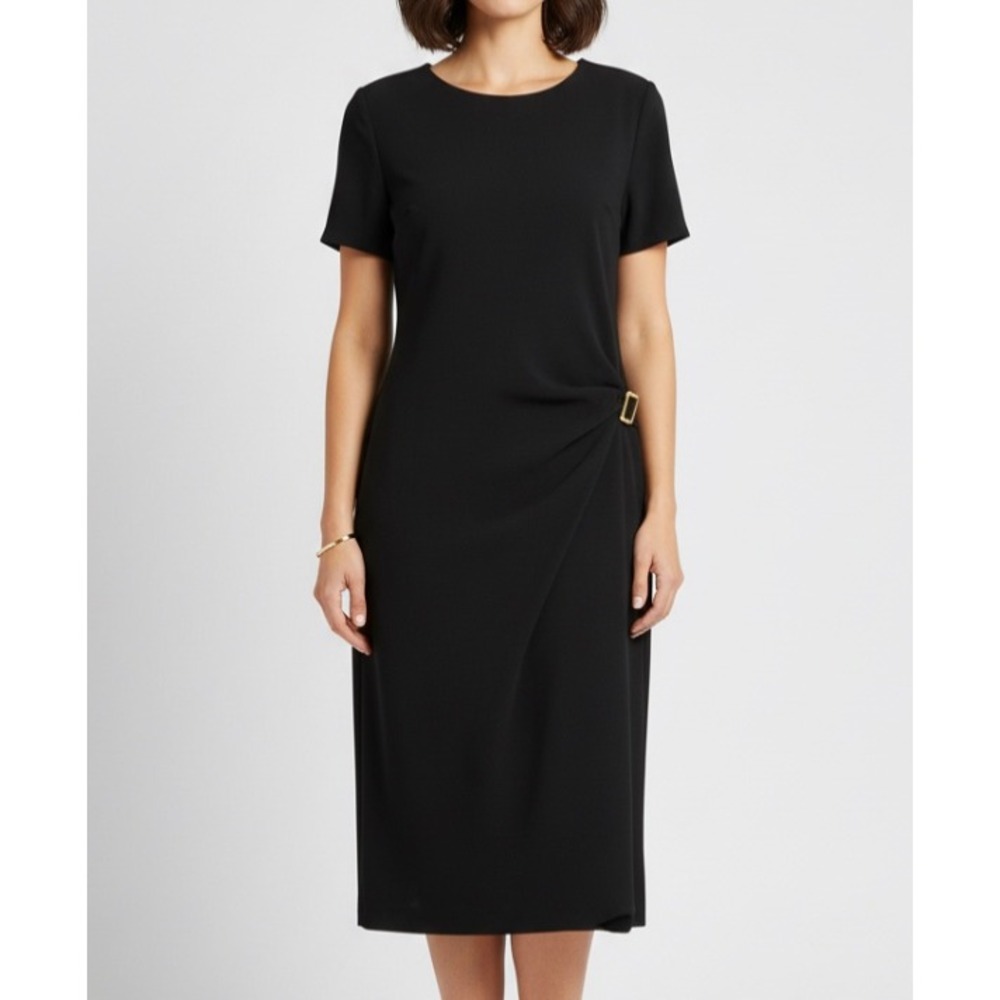 DAVID WARREN Shift Dress BLACK w/GATHERED DRAPED SIDE Knee Length MID WEIGHT 10